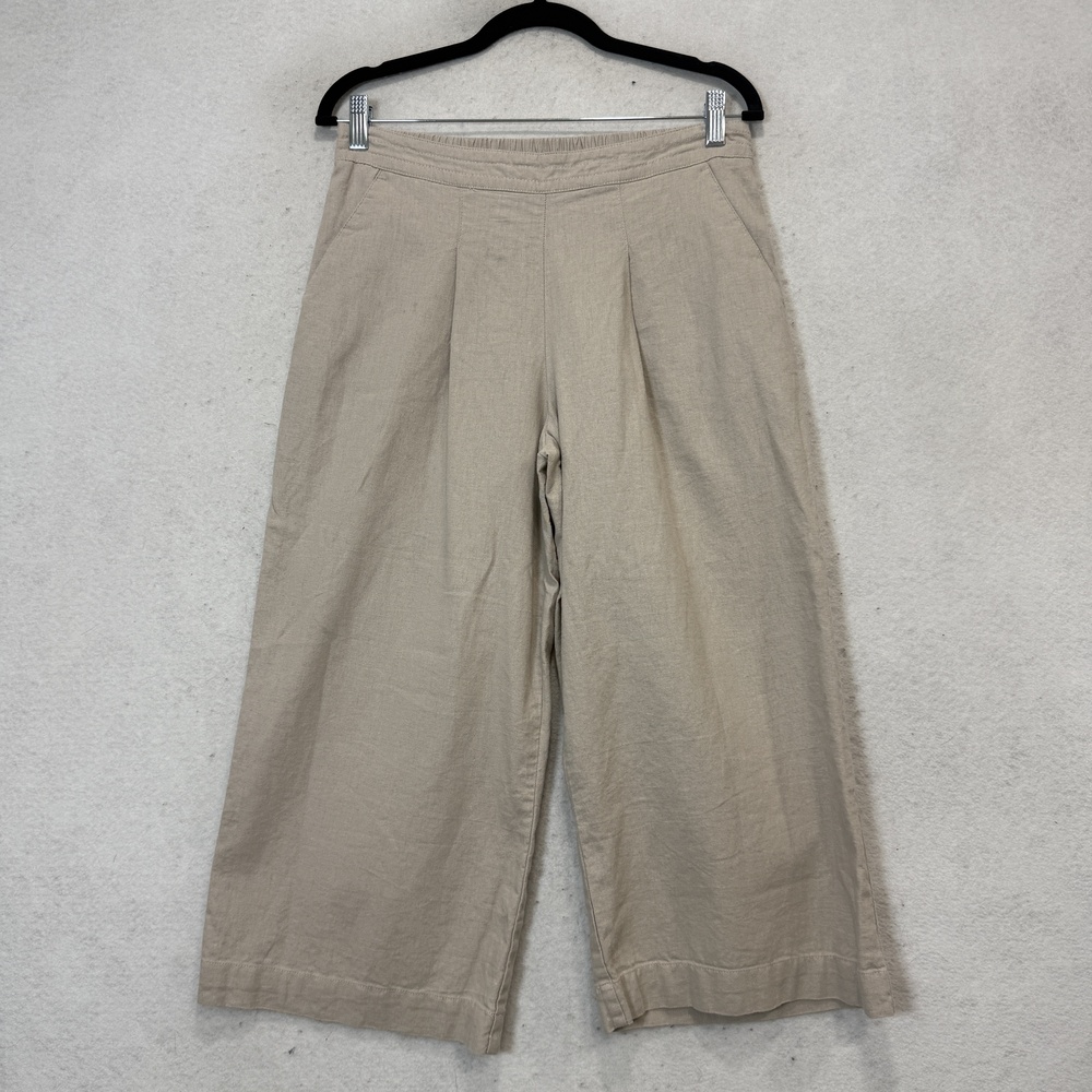 Bonmarché Pants Womens 10 Beige Linen Viscose Cropped Wide Leg Elastic Waist